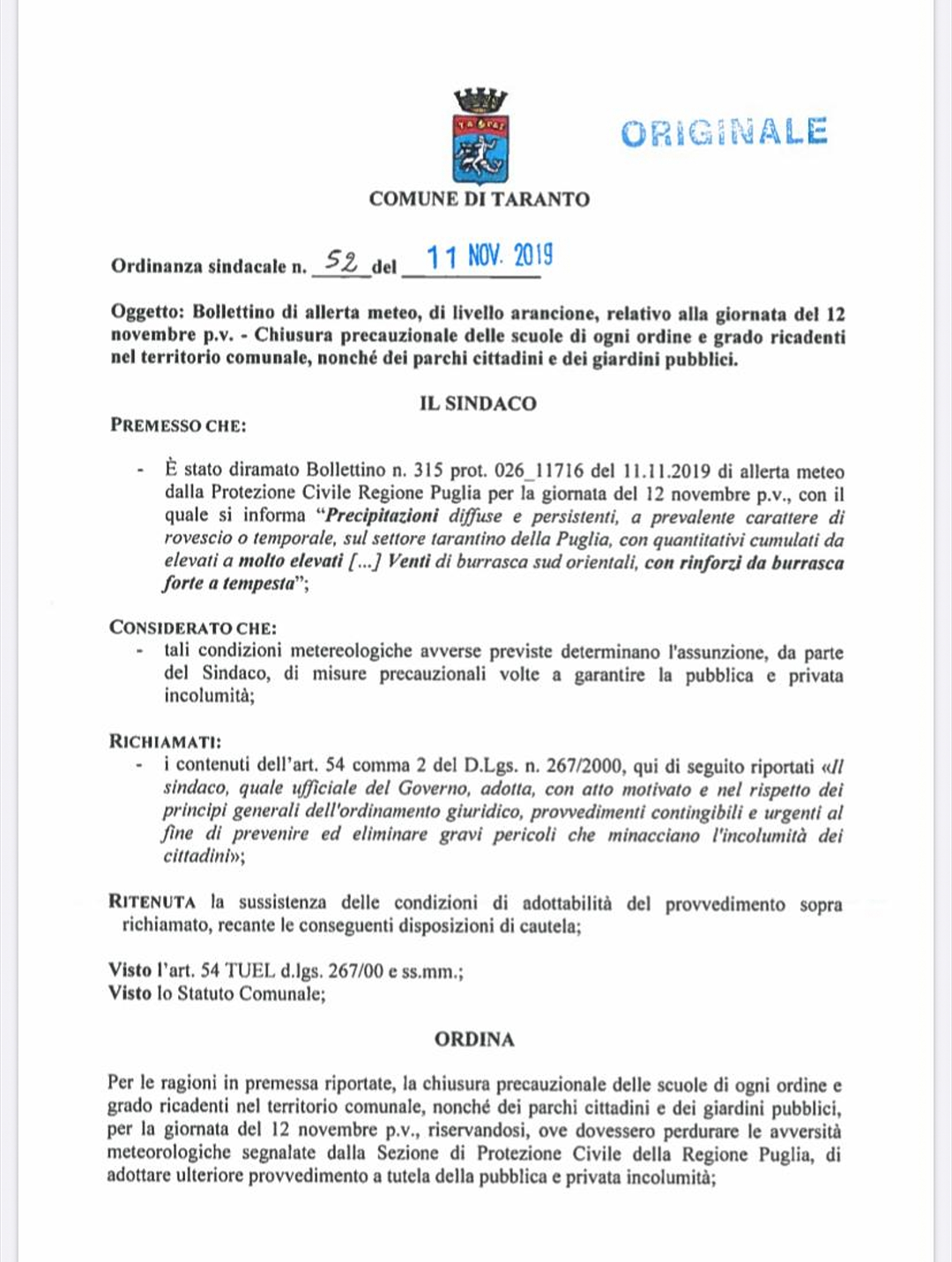 Ordinanza di chiusura delle scuole di ogni ordine e grado per il comune